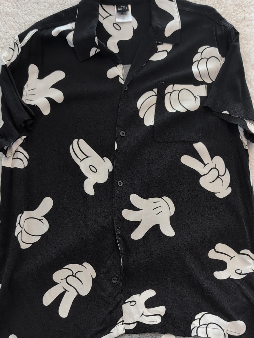 Black Short Sleeve Button-Up Shirt with White Mickey Mouse Cartoon Hand